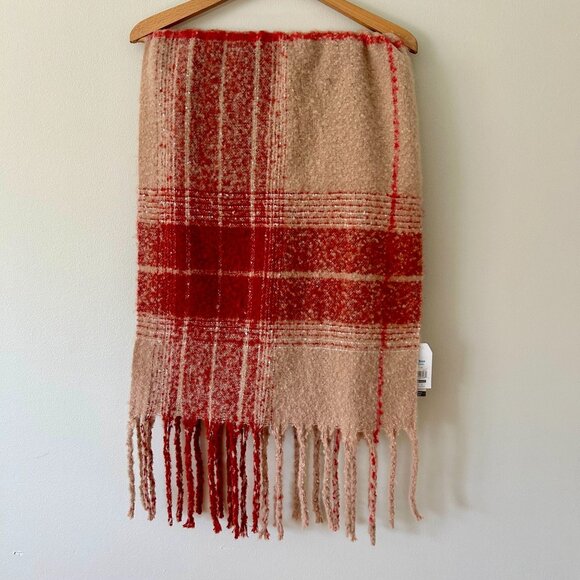 Fall Scarf Plaid Red & Beige Fringed Scarf One Size - Picture 2 of 5